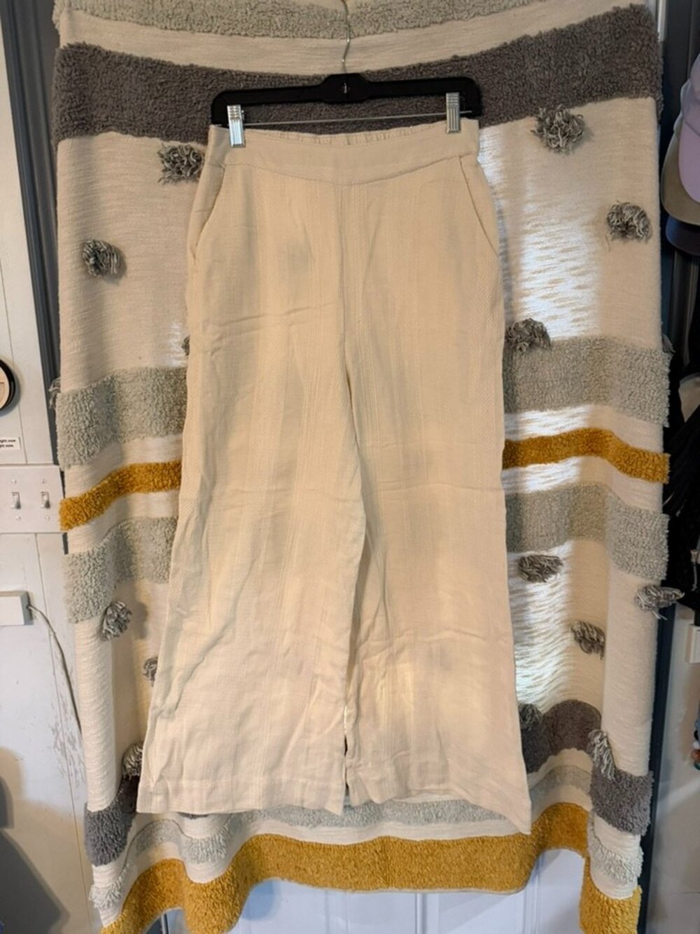 Free People Sand Off-White Textured Wide Leg Linen Blend Pants Crop Size S